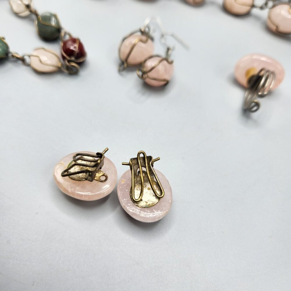 Caged Rose Quartz Necklace Wire Wrapped Polished Stones Bracelet Earrings Ring - Picture 4 of 11